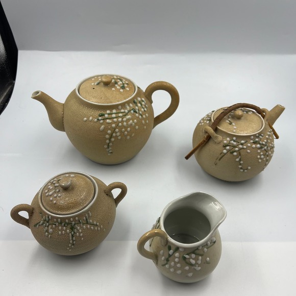 Antique Meiji Period Tea Set 4 Pieces Shark Skin Moriage Porcelain Cream Sugar - Picture 9 of 16